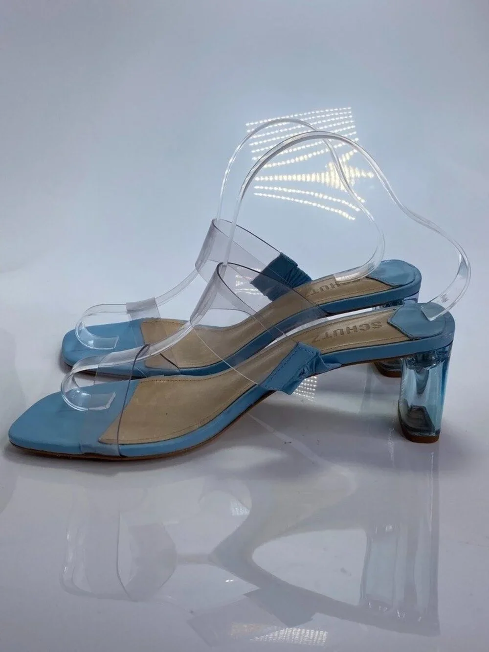 Schutz Women's Ariella Acrylic Mid Clear Blue Strap Sandal Sz 8.5